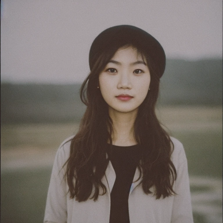 portrait of an asian woman wearing a cap, low light, streets background, fujifilm-instax-mini-v1beta, polaroid
