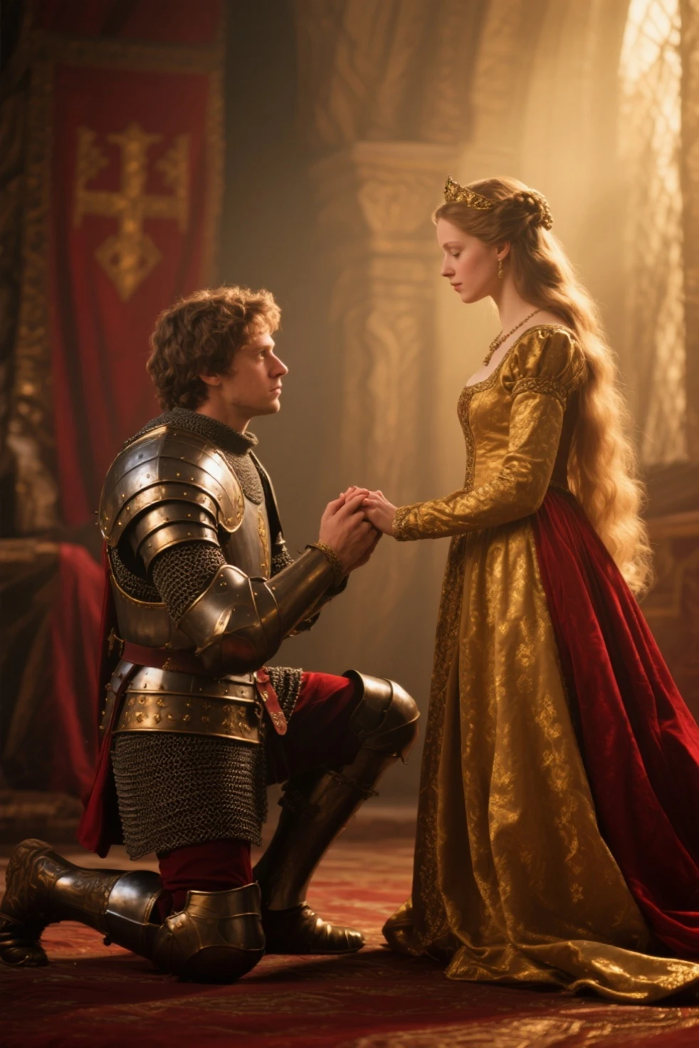 a knight kneeling kissing the hand of a lady