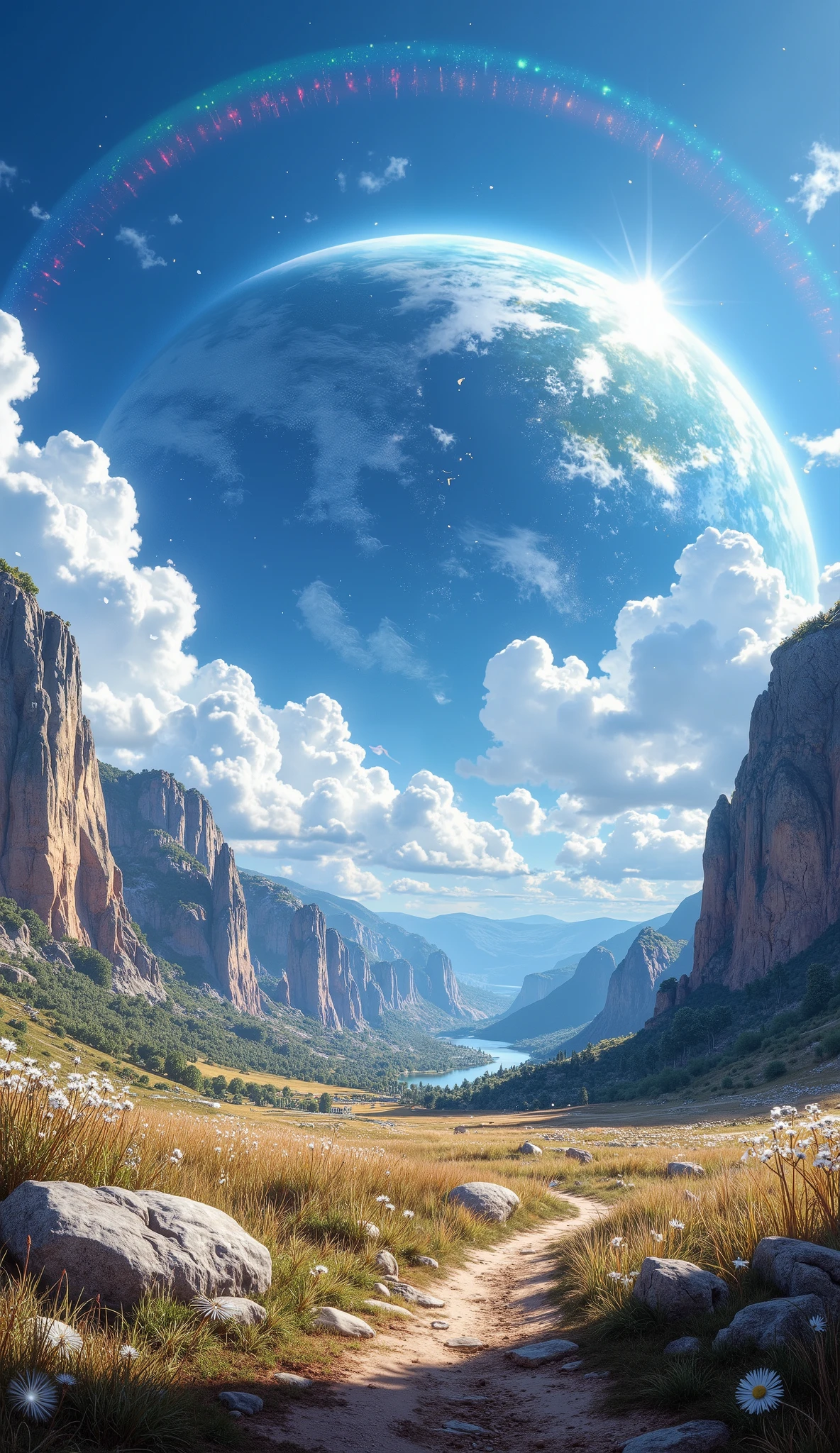 (( Astonishingly )),(masterpiece:1.2),超high resolution, Atención al detalle, High Quality, high resolution, 最High Quality, 4k, 8K、 very beautiful、landscape、landscape画、Infinite blue sky、A rainbow appears、There are a lot of ruins there 、dandelion fluff flying,rainbow、 large planet in the sky