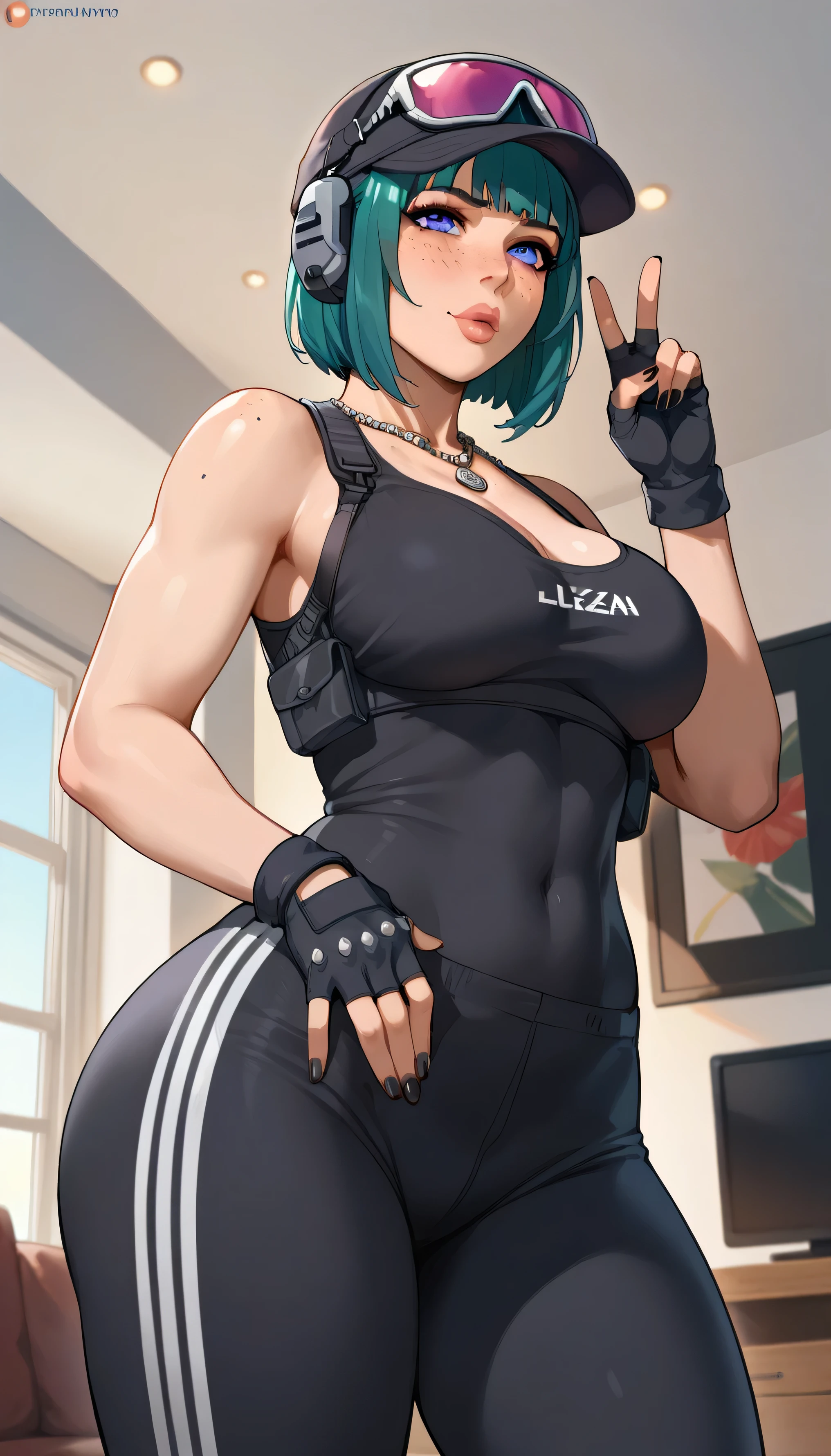 Big butt and busty girl with sports top with defined abs sweating , short black hair, green eyes , ropa negra, acariciando un niño que toca sus tetas
kid touch