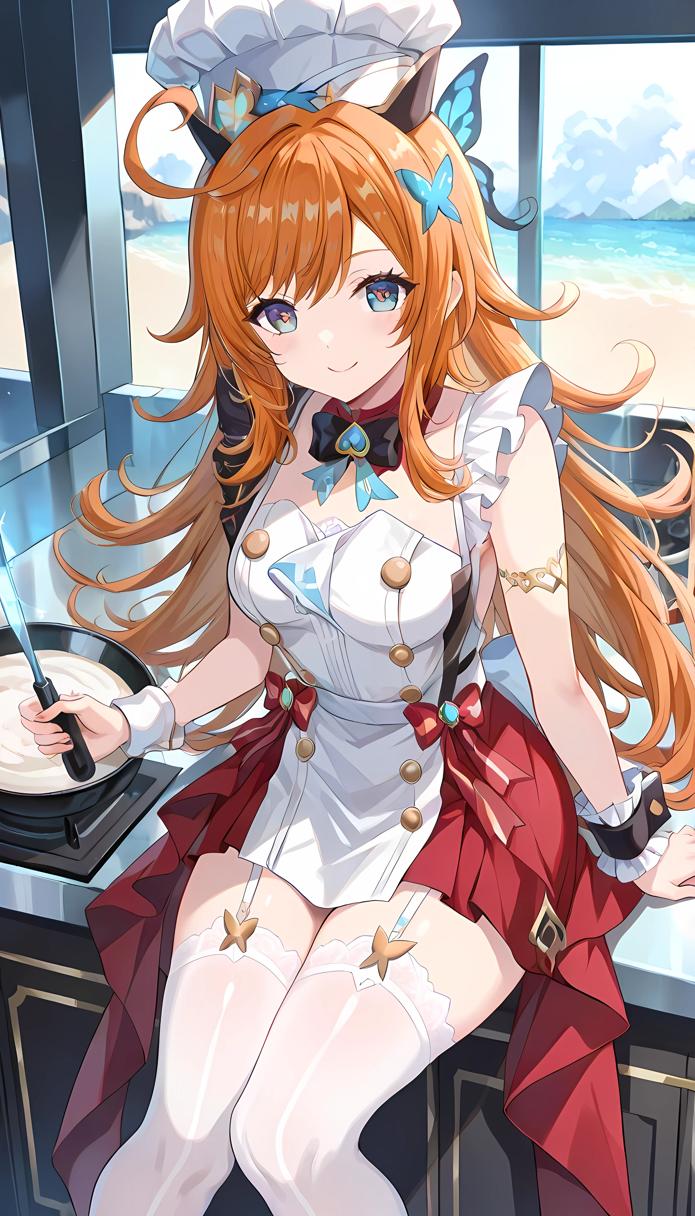 score_9, score_8_up, score_7_up, BREAK source_anime, (masterpiece), (Highest Quality), 1 girl,, escoffier \(genshin impact\), 1girl, smile,chef hat,long hair, stupid hair, butterfly hair ornament, orange hair, blue eyes, Ice Knives
Chest, medium breasts, sleeveless at the beach, Horizontal milk, ( white knee high,garter belt:1.5)
BREAK
absaudress, wrist cuff as pmaru, white headwear,Bow, red skirt
BREAK
Staring at the audience,ray tracing, Shiny Eyes , beautiful eyes on my stomach, fascinating, erotic, Shiny Skin Thighs, sexy, Shining Eyes, (cute illustrations:1.3), (high chroma:1.3), cute face and eyes, dynamic lighting, extremely detailed background description, (Science cooking, gastronomy, I'm cooking), random composition
BREAK
masterpieces, Highest Quality, amazing quality, very aesthetic, absaudress, high definition, newest, detailed face, volumetric, ray tracing, high definition, 4K, 8k, , high image quality, Highest Quality, that' s ridiculous .