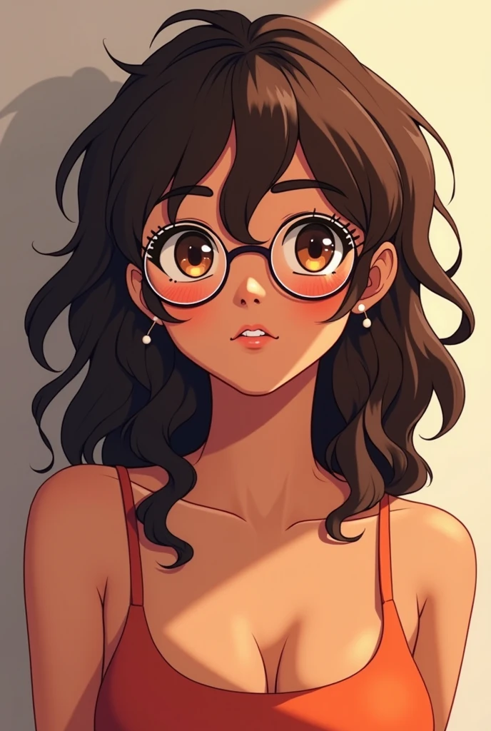 A girl with black curly hair, with innocent eyes with a black doll mouth, with a slightly plump but well-defined body, with white and pink skin, adult who wears glasses and in a room, make her in anime mode medium hair hentai face sexy big horse without black lipstick, with a cute face