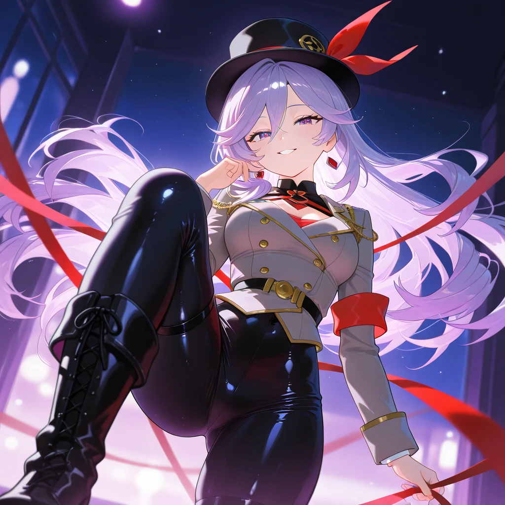 nsfw, 32k, 1girl, solo, long hair, looking at viewer, blush, smile, open mouth, bangs, thighhighs, gloves, dress, holding, standing, yellow eyes, purple hair, ahoge, grey hair, multicolored hair, horns, alternate costume, fang, white gloves, armpits, arm up, official alternate costume, streaked hair, standing on one leg, demon girl, demon horns, bike shorts, single thighhigh, microphone, skin fang, holding microphone, idol, idol clothes, hololive idol uniform,