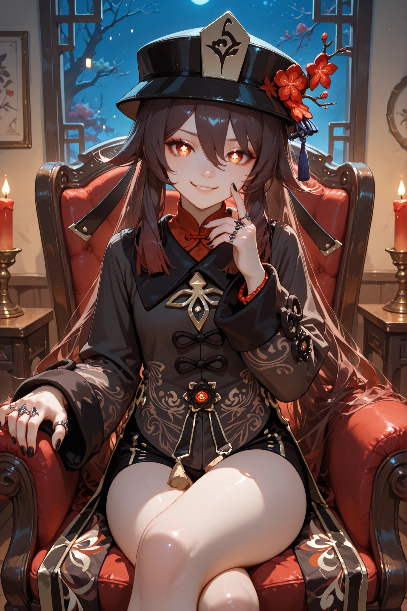 1girl, hu tao (genshin impact), hat flower, long sleeves, plum blossoms, flower-shaped pupils, twintails, red flower, symbol-shaped pupils, ring, black nails, flower, chinese clothes, jewelry, nail polish, hat, shorts, hair between eyes, multiple rings, very long hair, porkpie hat, sitting on the chair, in the living room, legs crossed, smirk, looking at the viewer, night, candles lit, very beautiful, attractive, best quality, masterpiece, ultra detailed, very aesthetic