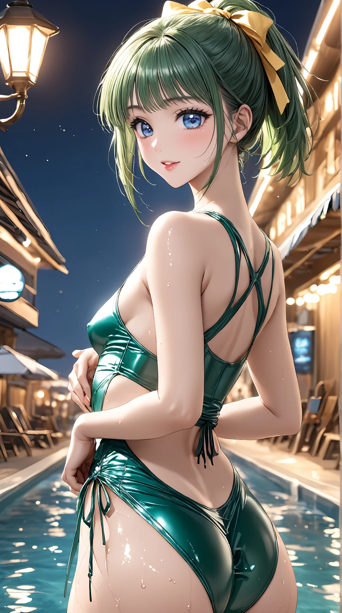 green micro bikini,multiple views,low-rise, cute girl,cute gal,happy,urban gal,blonde massy hair,earrings,night city,green tattoo ,dramatic angle,Realistic anime , laughing,steel green eyes,windy