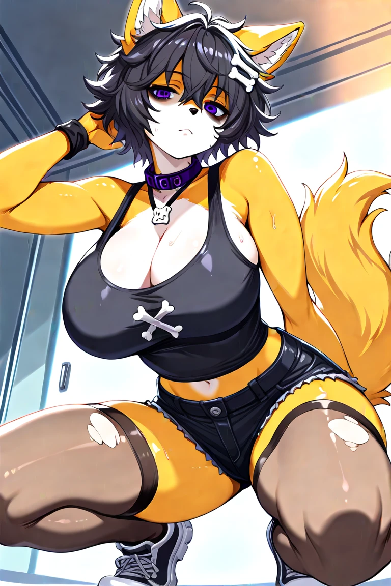 By bebebebebe, by lostgoose, by goonie-san, female, ((reptile snout, hair covering eyes, straight hair, long hair, flat hair, thin snout)), snake anthro, huge breasts, tall, muscular, abs,black micro bikini, blackjacket, ragged jeans, exposed chest, smiling, menacing smile,fangs,back alley, dim ligth, scars on abs,Orange scales, nigth, close to viewer, chain necklace