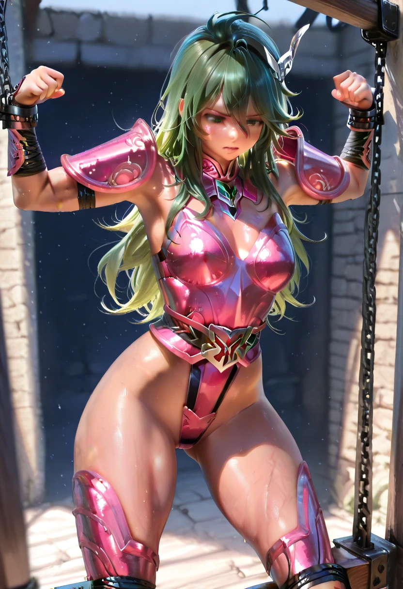 Na arena de artes marciais do Coliseu, in Greece、Torneios de Artes Marciais、Saint Seiya、Menina bonita、peito enorme、clivagem da mama、pernas de beleza、(((He wears shiny futuristic combat bikintyle armor in metallic red.)))、Shiny silver chains are connected from all sides、Unbelievable number of glowing chains、Armado com correntes、((gritar))、((exclamation))、((poses de luta))、8k, qualidade superior, (beleza dos pelos pubianos)、alta resolução