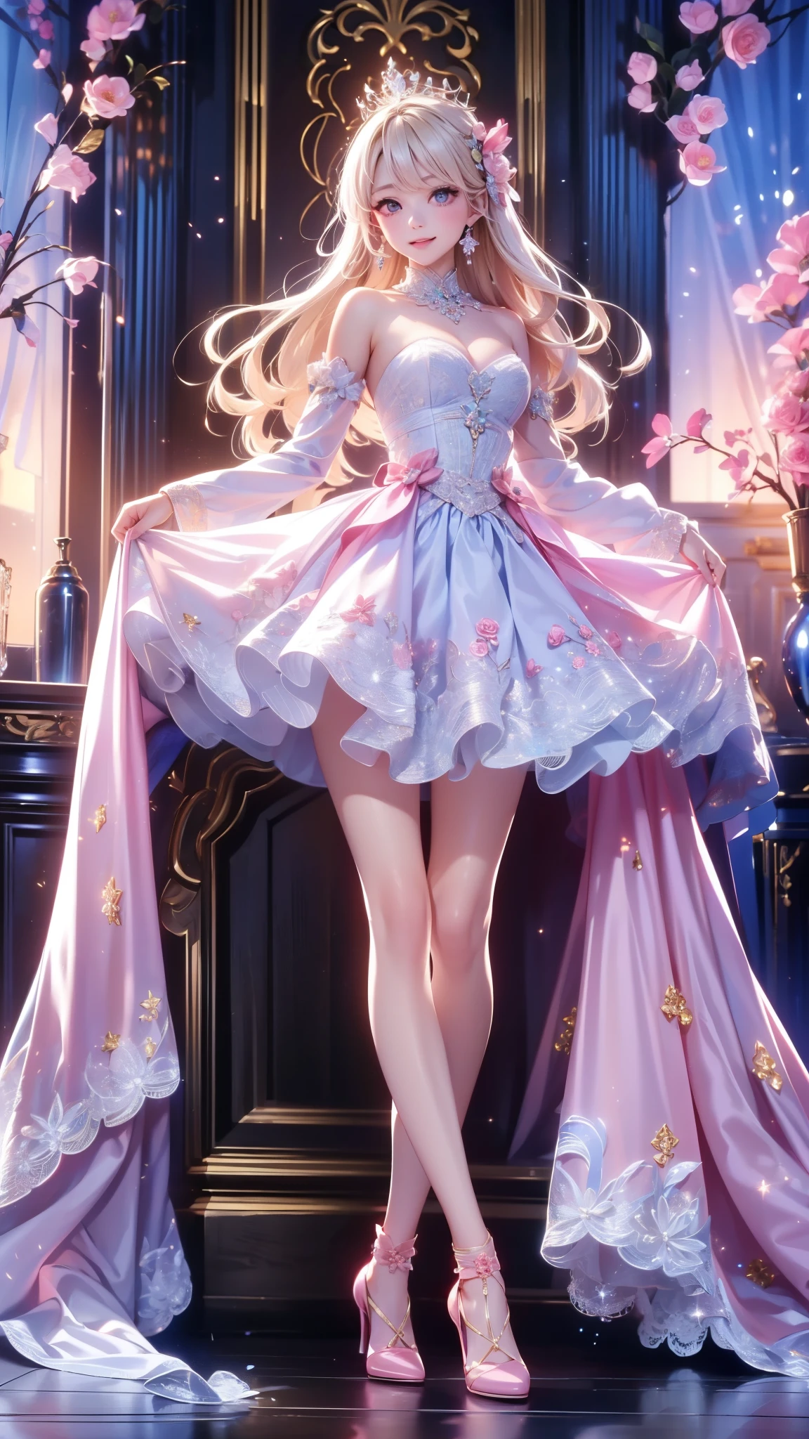 Composed from head to foot 、full body図、 watch viewers、 score_9, score_8_ up, score_7_ up, anime style、In 8K、32K、masterpiece、 one girl、 8k resolution, masterpiece, Highest Quality , winning work , unrealistic, anatomically correct skeleton , 1 girl on break day, alone, long hair,,masterpiece, Highest Quality , ( Just Contate ), ( perfect face :1.1), (full body), ( High detail during meals:1.1), ( super detailed eyes),(8k, Highest Quality , masterpiece: 1.2), Ultra High Definition ,, Marie Antoinette , super detailed face ,fine grain, Please open your mouth slightly ,( blondes), long hair, Wave Hair, in their 40s,Rococo Ruffle Dress, long sleeve dress, dress for lying on a wooden boat has a long skirt , Baroque Dress , intricate fantasy dress , Beautiful ruffle dress , romantic dress, frilly costume ,lottery, Data Style, formal wear, Fancy Fashion, palate colors include pink and white,( pink:1.5),Class A Smile, gold tiara on the tip of the stick , necklace, Sit in an upscale chair, Knees in the dressing room ,( rainbow light :1.4), ,(Inside Victoria Palace)、 and her eyes are shining 、 now、Her blondes' hair reaches her waist 、Rose-colored gradation and three, 薄い pinkのロック. 彼女は花柄の装飾が施された gold tiara on the tip of the stick を着用し、 Matching earrings , white flower choker. 彼女は金色のボタンで縁取られたフリル付きの白いストライプの pinkのトップを着ている, The white sleeves are in the shape of a rosebud .. with a magenta ribbon flowing out of her chest ..、 At the back of her neck 、Matching chest piece, Decorated with flowers. Her ruffle skirt is separated by a white line , The dress has a large magenta ribbon on it 、Decorated with gold, There is a small ribbon on the back. Her mini skirt、薄い pinkのマゼンタの貝殻状の裏地と白い花のペチコートでできている. 彼女は pinkの花がついた白い手袋も着用している, 白と薄い pinkの靴には、ゆるいカフとDecorated with flowersたマゼンタのリボンがある.