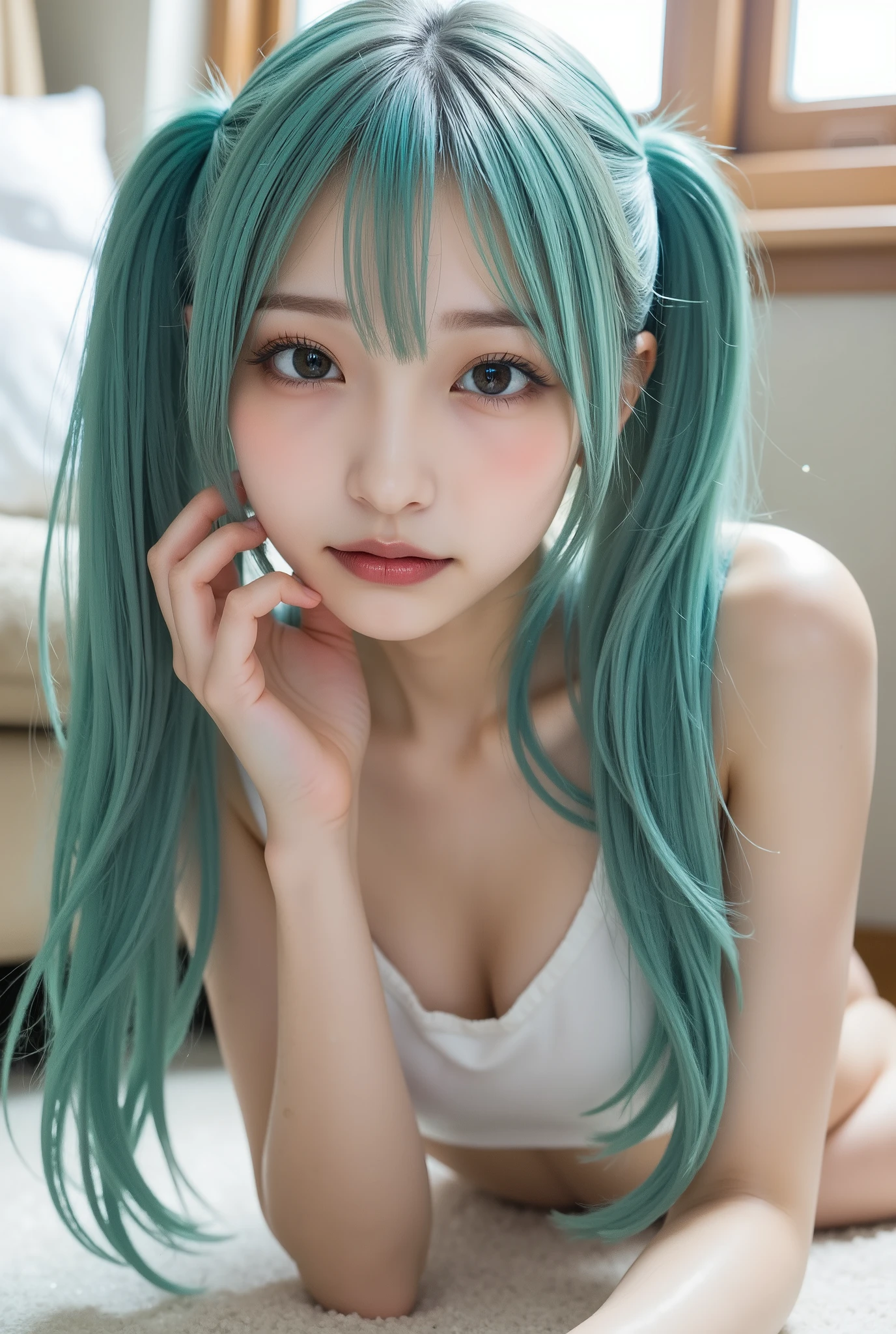 ((At the bed)), ((highest quality, 8K, masterpiece)), (((Black sexy bra))), Awesome girl, whole body, pretty girl, Slender body, , delicate, (Beautiful breasts:1.2), (Small beautiful butt:1.2), (Perfect Eyes), (A face with attention to detail), Same eyes, Soft Light, Tranquility, summer, (Perfect Anatomy:1.4), ((Hatsune Miku)), (Detailed girl's hands), ((Lewd expression)), (Gaze at the viewer:1.2)