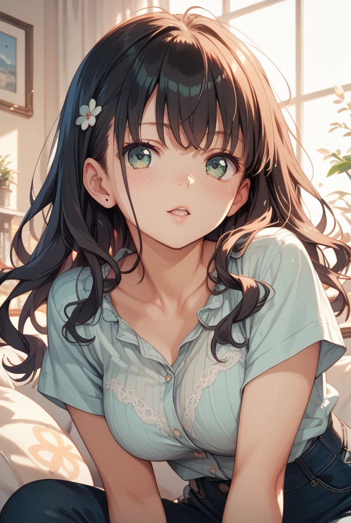 (masterpiece), (best quality), ultra high res, sharp focus, warm pastel tone, ((1 mature woman, solo)), upper body, (from above), beautiful detailed hair, chestnut brown hair, messy long hair, beautiful detailed face, ((beautiful shape eyes, green eyes)), ((one close eye, wink)), perfect feminine face, sleepy face, open lips, open mouth, feminine light dress, sitting on the comfortable bed