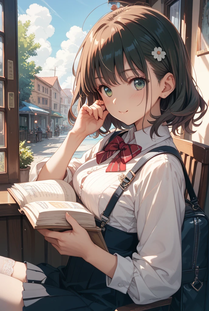Little girl reading by the window, flower pots, and the sun was shining brightly, the detail, 4K, k hd, high high quality. --auto