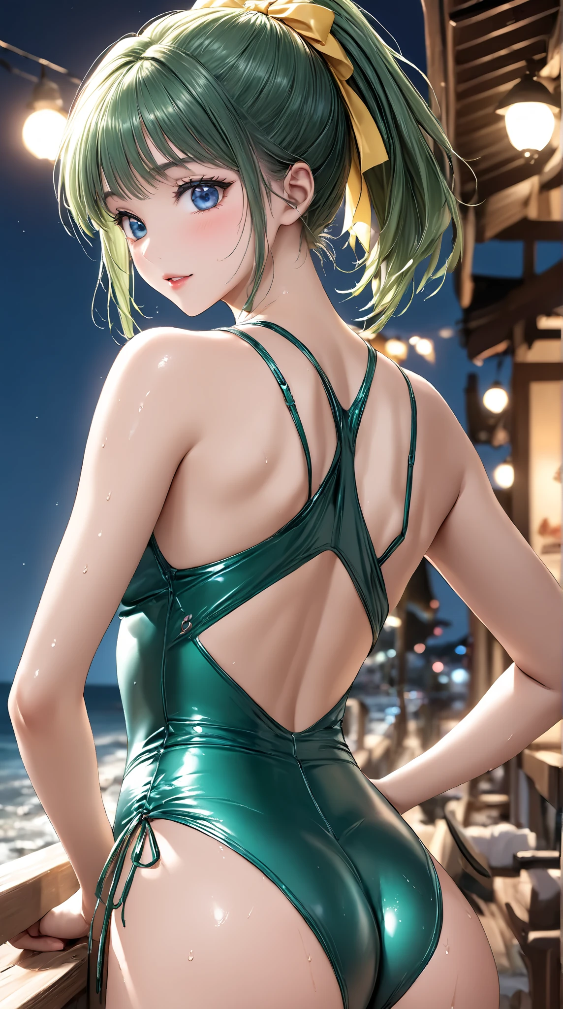 (Unity 16K Wallpaper, Master Piece, Best Quality, Ultra-Detailed, Extremely Detailed CG, Caustic, Cinematic Lighting, Detailed, Beautiful Detailed Eyes, Alone, Outdoor Pool Side),Ultra High Resolution, Thin Skin、Sexy,Curby, NSFW,(school swimsuit:1.3), medium breasts, 18 years old, thick legs, thick thighs、blue eyes、green hair, highlights, bangs, strands of hair, permeated hair