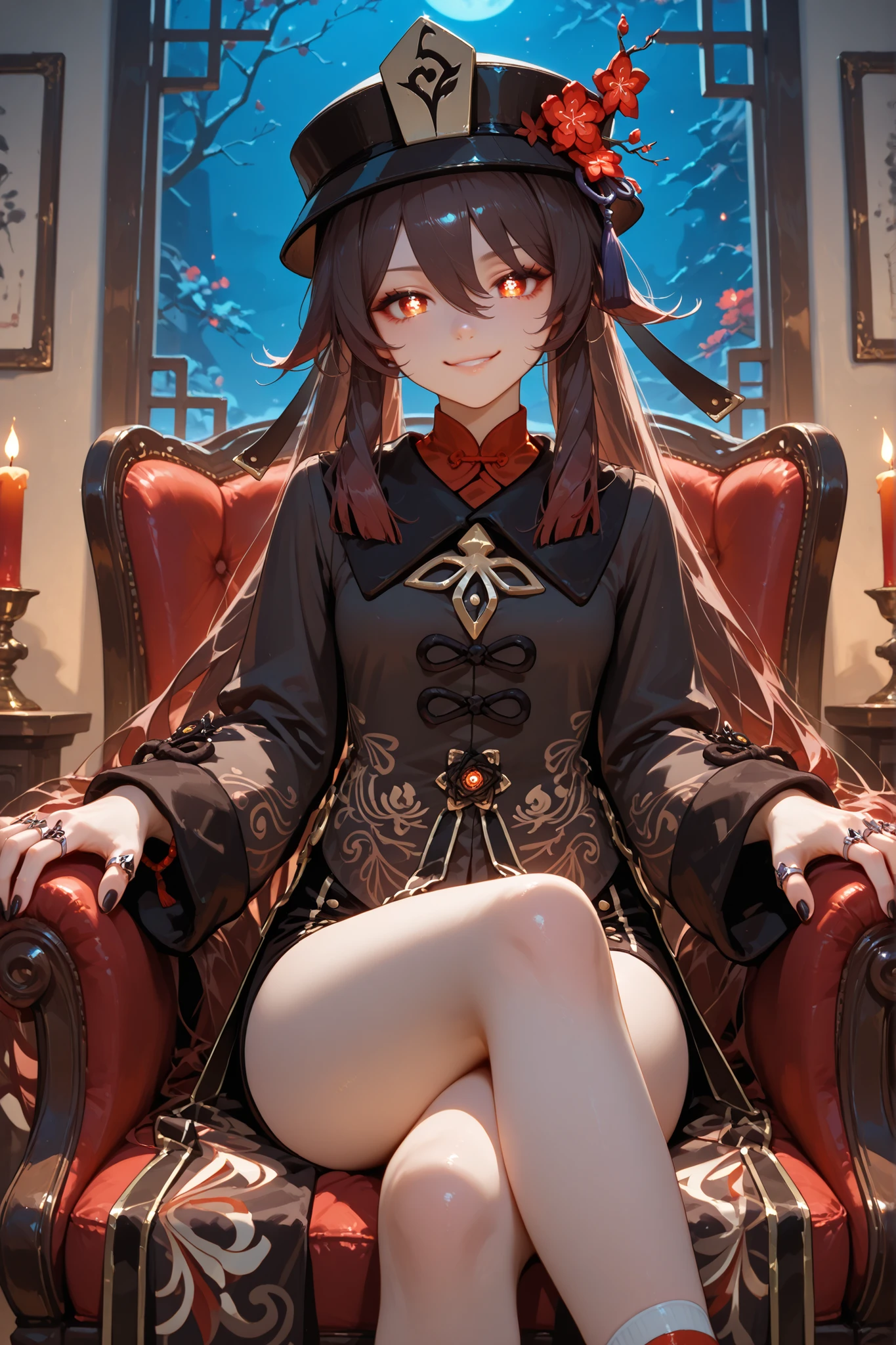 1girl, hu tao (genshin impact), hat flower, long sleeves, plum blossoms, flower-shaped pupils, twintails, red flower, symbol-shaped pupils, ring, black nails, flower, chinese clothes, jewelry, nail polish, hat, shorts, hair between eyes, multiple rings, very long hair, porkpie hat, sitting on the chair, in the living room, legs crossed, smirk, looking at the viewer, night, candles lit, very beautiful, attractive, best quality, masterpiece, ultra detailed, very aesthetic
