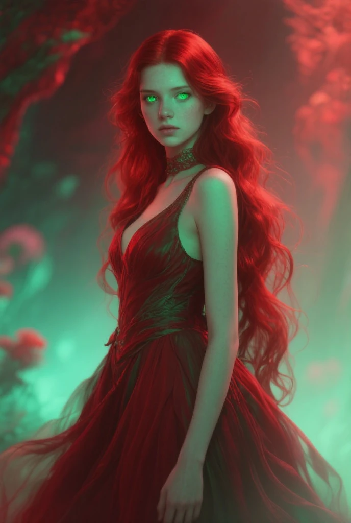 A pale-skinned goddess with almost black red hair and green eyes (She is the daughter of Hades and Persephone)