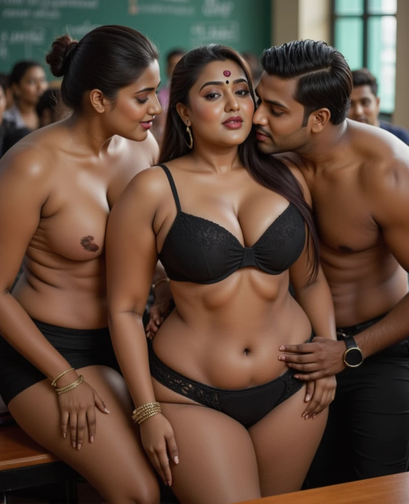 A beautiful gorgeous plump Indian 45-year-old woman wearing bra panty, huge breast, cleavage, young handsome men standing behind her,