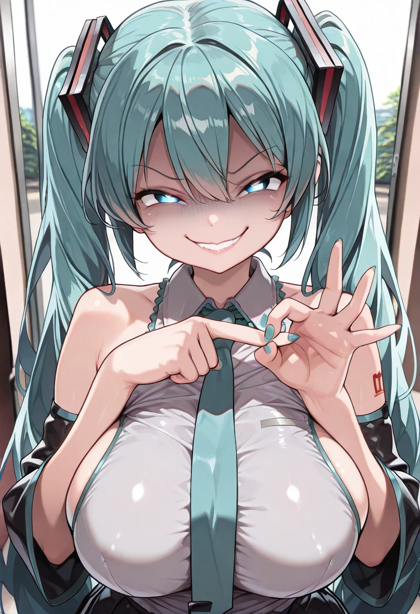 1girl,miku hatsune,mesugaki,lefthandp3n, righthandp3n,huge breast,evil smile.(masterpiece:1.2), (best quality:1.2), (very aesthetic:1.2), (absurdres:1.2), (detailed background)