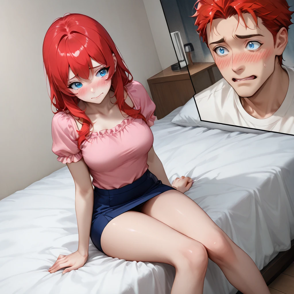highest quallity、4K quality、 with dresan without shoulders plays woman、woman opens her legs wide、bare crotch、The woman is shy、A man inserts his penis into a woman, Asian woman, red haired redhead