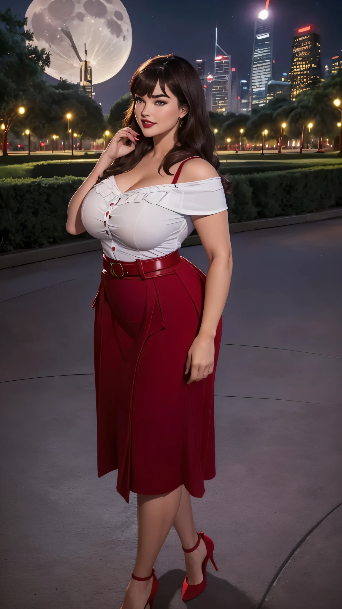 1940s poster, lovely native woman smiling, wide hips, thicc hips, round belly, gorgeous face, blue sky, oklahoma mountains in distance, pinup, full lips, white floral dress, big , full body shot, kneeling, submissive, seductive, 