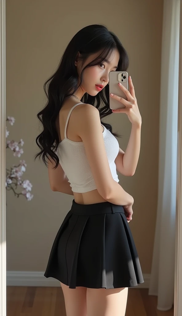debris flies、highest quality、super fine、got it、High resolution、8k wallpaper、perfect dynamic composition、(((Full body Esbian)))、((from below))、20 year old cute girl、detailed beautiful face、delicate and cute eyes、fine-textured skin、My cheeks turned red、(wavy black hair)、thin legs、Please generate at the eaves、take a selfie with your mobile phone、room、wearing a tank top、white background、wearing a skirt、I can see your pants、panty shot、The exact shape of the areola、Transparent areola、nipples are transparent、Take a selfie through the mirror with your smartphone