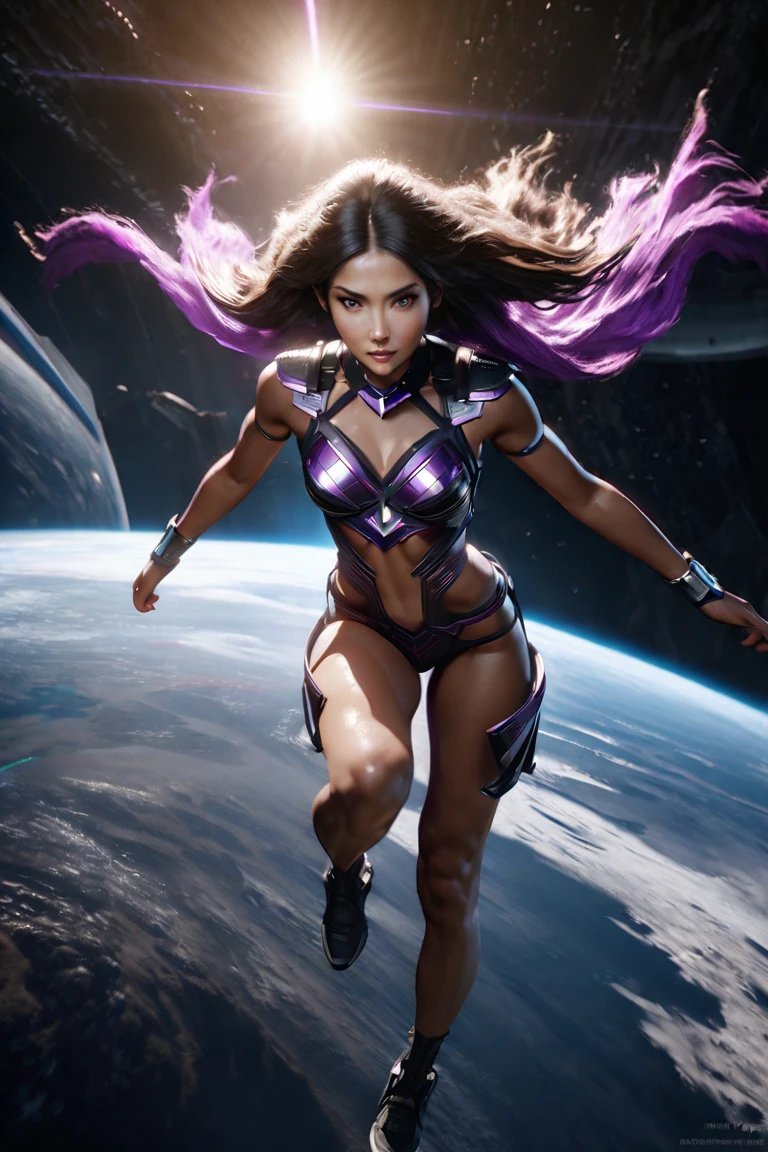Angelina Jolie (age 25, giga busty, huge breasts, sexy violet clear plastic space suit, thruster pack, bubble dome, big laser rifle) is a scout in an asteroid field, attacked by fembots of the opposing faction (silver and red color scheme). Show the fire fight. Intense action. Angelina takes cover. fembots explode, epic battle in space, laser fire, explosions, show the battle