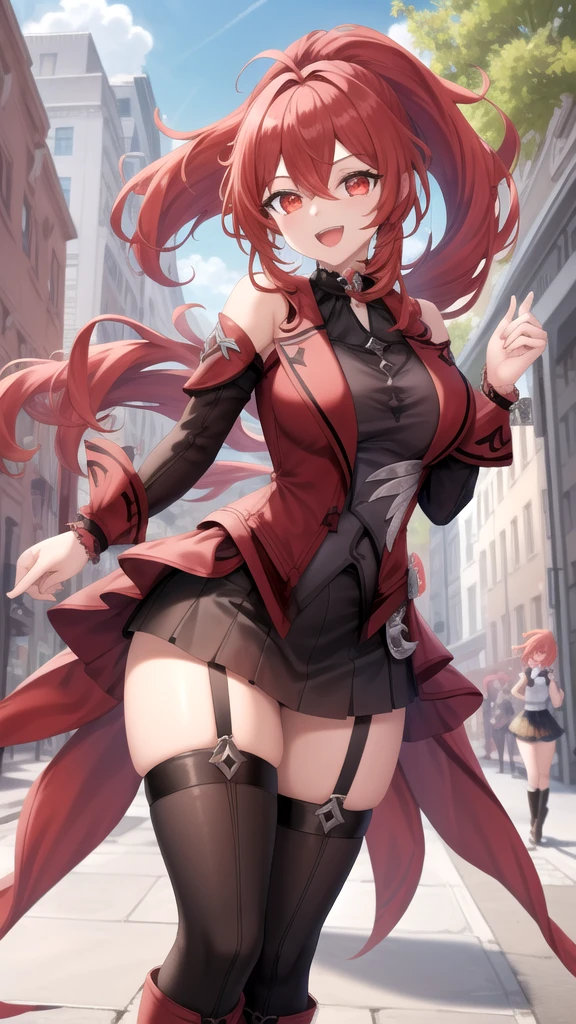 masterpiece, best quality, absurdres, perfect antomy, houshouBand, 1girl, solo, heterochromia, red eyes, yellow eyes, bangs, long hair, streaked hair, elbow gloves, lace-trimmed leotard, bodystocking, high-waist skirt, showgirl skirt, thigh boots, large breasts, squatting, spread legs, seductive smile, on stage, flashing lights, hands on hips