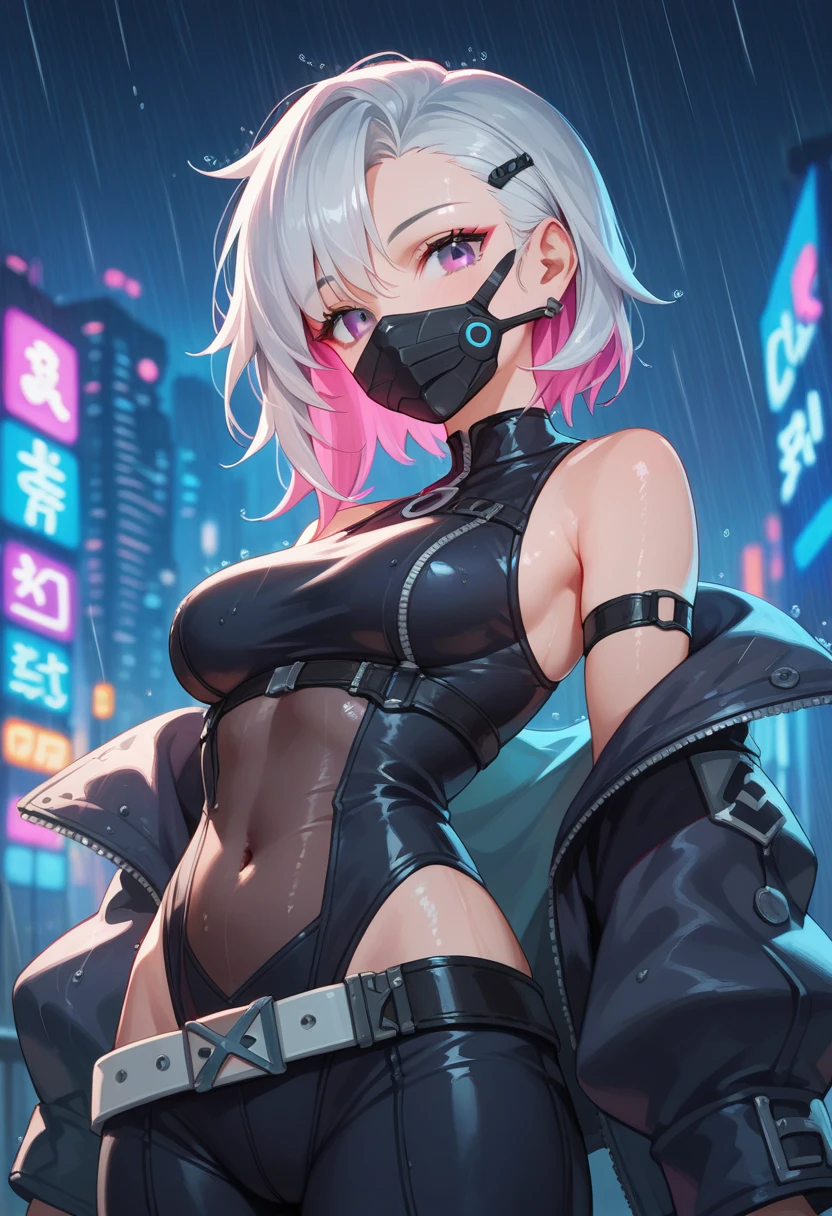 girl robot,(Invisible face,silver female robot,metallic shining body,heroic, (detailed eyes),lustrous lips,(Glossy hair),beautiful hair,(shiny skin),dyed cheeks,thin waist legs,thighs,(shine),((mechanical arms,mechanical legs,mechanical breasts,mechanical legs)),warframe,liquid metal girl,(((purple_eyes:1.3))),eyes without pupils,symmetrical eyes,big eyes:1.5,details eyes,(spider lower abdomen,narrow waist,wide hip,imbo body,inflated legs,detailed body,(detailed face)),((Wild Spike Saiyan:1.5,(lavender color hair))),(large breasts:1.4),
cute,slutty,seductive,erotic,(((nsfw))),
((scars in both eyes:1.5, scars in the skin:1.5)),shiny clothes,((thigh high cut:1.5, bare thighs:1)),((huge mechanical ring in the neck)),((mechanic thong:1.5),((huge earrings with LED lights:1.2)),((machine-made joints: 1.4)), ((mechanical limbs:1.2)),((mechanical parts:1.4)),(mechanization:1.2, future),(wires and cables attached to the head and body: 1.5),(show skin:1.3)
((wet clothes,intricate outfit,intricate clothes)),
(dynamic pose:1.0),solo focus,embarrassed,(centered,scale to fit dimensions,Rule of thirds),
cyberpunk city by the ocean at night, with bright neon signs and dark stormy clouds and puddles, scenery:1.25,nighttime, starry night, cosmos,Very dark night that makes the neon lights stand out, very bright neon lights,nighttime, starry night, cosmos,
artistic photography,(photography taken by sldr),highres, sharp focus,(ultra detailed, extremely detailed), (photorealistic artwork:1.37),(extremely detailed CG unity 8k wallpaper),((synthwave background theme)),(((vibrant colors))),intricate,(intricate background),(masterpiece),(best quality),perfect rendered face,perfect face details,realistic face,photo realistic,analog style,((intricate detail)),(((realism))),