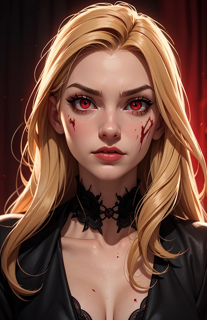 A sexy vampire in short red clothes, staring at the viewer, full body, flowing blonde hair, menacing gaze and gleaming vampire fangs, blood staining her pale face, big, sharp nails ready to pounce, in a dark alley of a city at night, with intensely mesmerizing red eyes