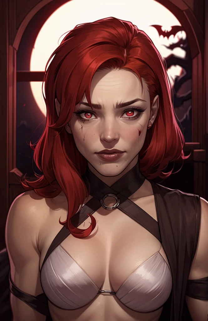 Pale White, vampires with red curly hair, sexy, shiny skin, sharp teeth, black dress