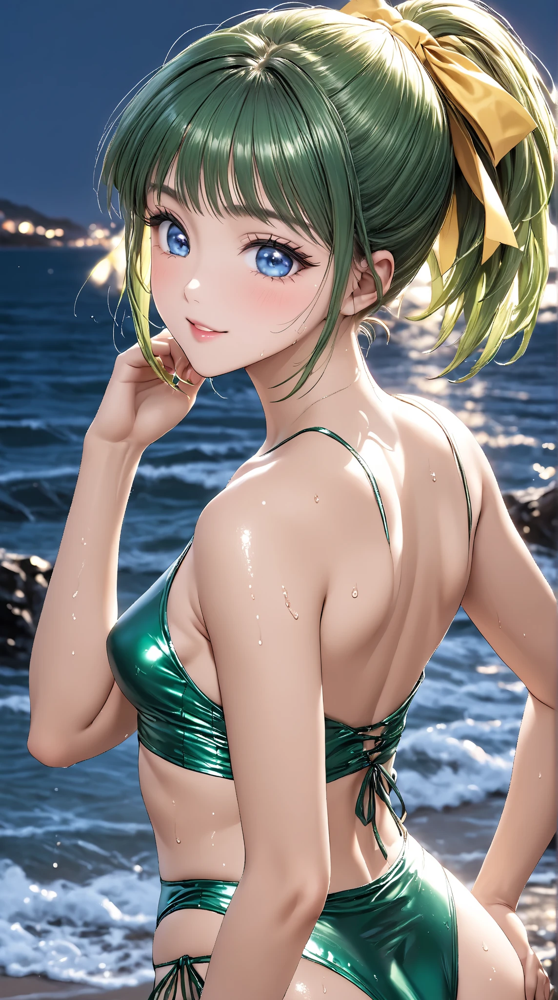 (highest quality:1.2, Very detailed, up to date, Vibrant, Ultra-high resolution, High Contrast, masterpiece:1.2, highest quality, Best aesthetics), Portraiture、girl、((25 years old:1.5)), (slim:1), ((25 years old:1.3)), (cross-halter-bikini:1.3) , (Monaco Beach:1), long hair, ponytail, white and yellow green ((streaked hair:1.6)), highlights hair: 1.5, (small breast,:1) (tan skin:1.1),(jumping:1.5), smile, sunshine, Bright colors、Beautiful fine details、Beautiful lip detail、(cowboy shot:1.5), look at viewer