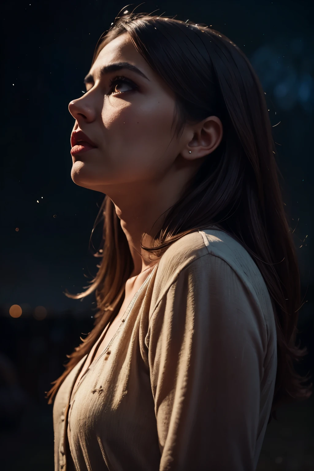 lost in contemplation under night sky, detailed portrait of pensive person, gazing upward, starry night sky in background, atmospheric lighting, moody colors, cinematic, dramatic, chiaroscuro, oil painting, 4K, ultra-detailed, photorealistic