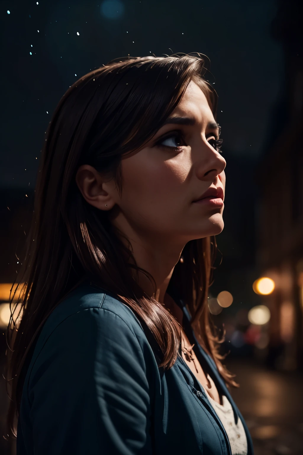 lost in contemplation under night sky, detailed portrait of pensive person, gazing upward, starry night sky in background, atmospheric lighting, moody colors, cinematic, dramatic, chiaroscuro, oil painting, 4K, ultra-detailed, photorealistic