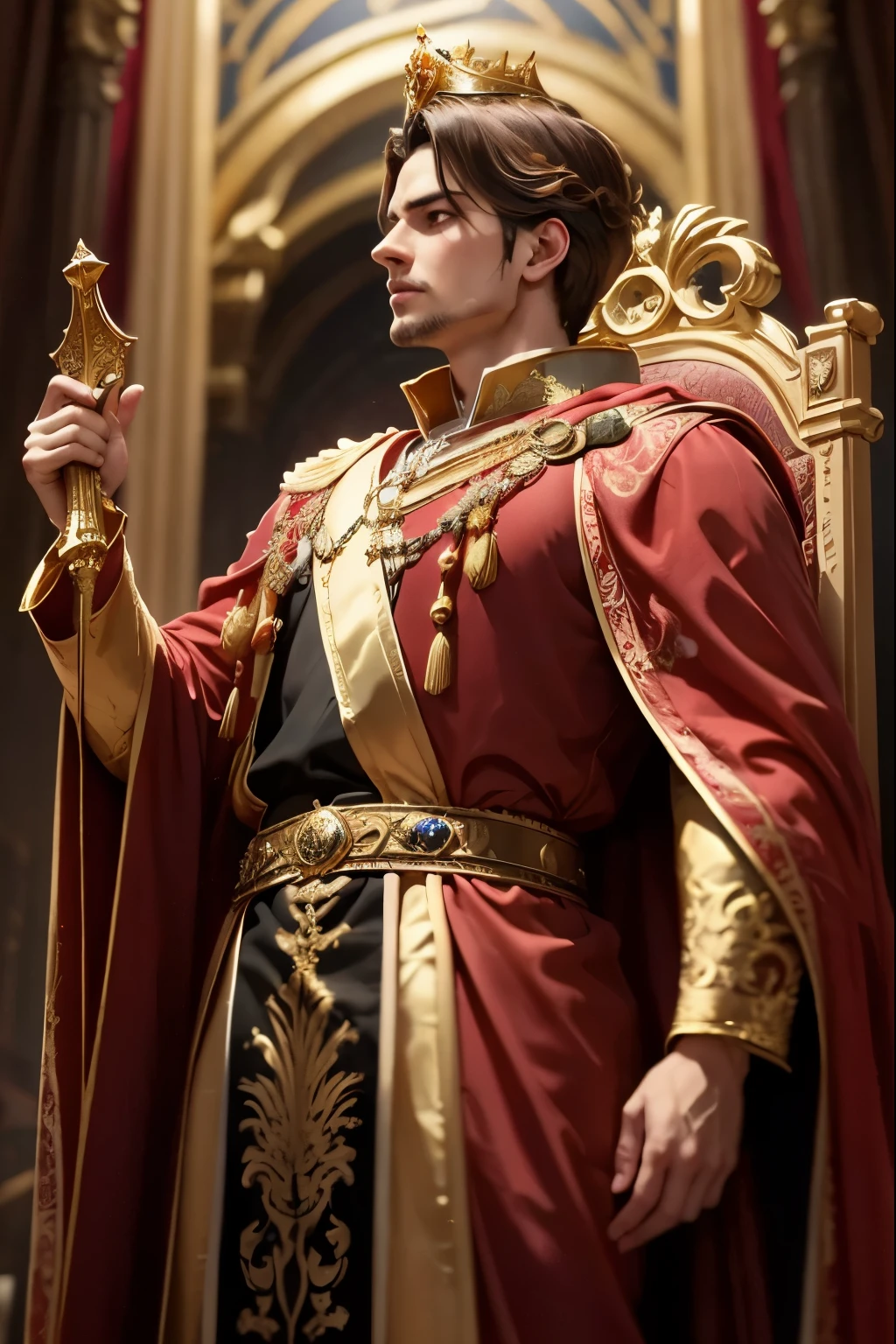 A majestic regal prince stands tall in a grand throne room, golden light illuminating his dignified profile. He wears a lavish red and gold royal robe, adorned with precious jewels, as he holds a mighty sword aloft. The ornate throne behind him is draped in crimson velvet, with gilded accents shining brightly. A regal crown sits atop his majestic head, radiating authority.
