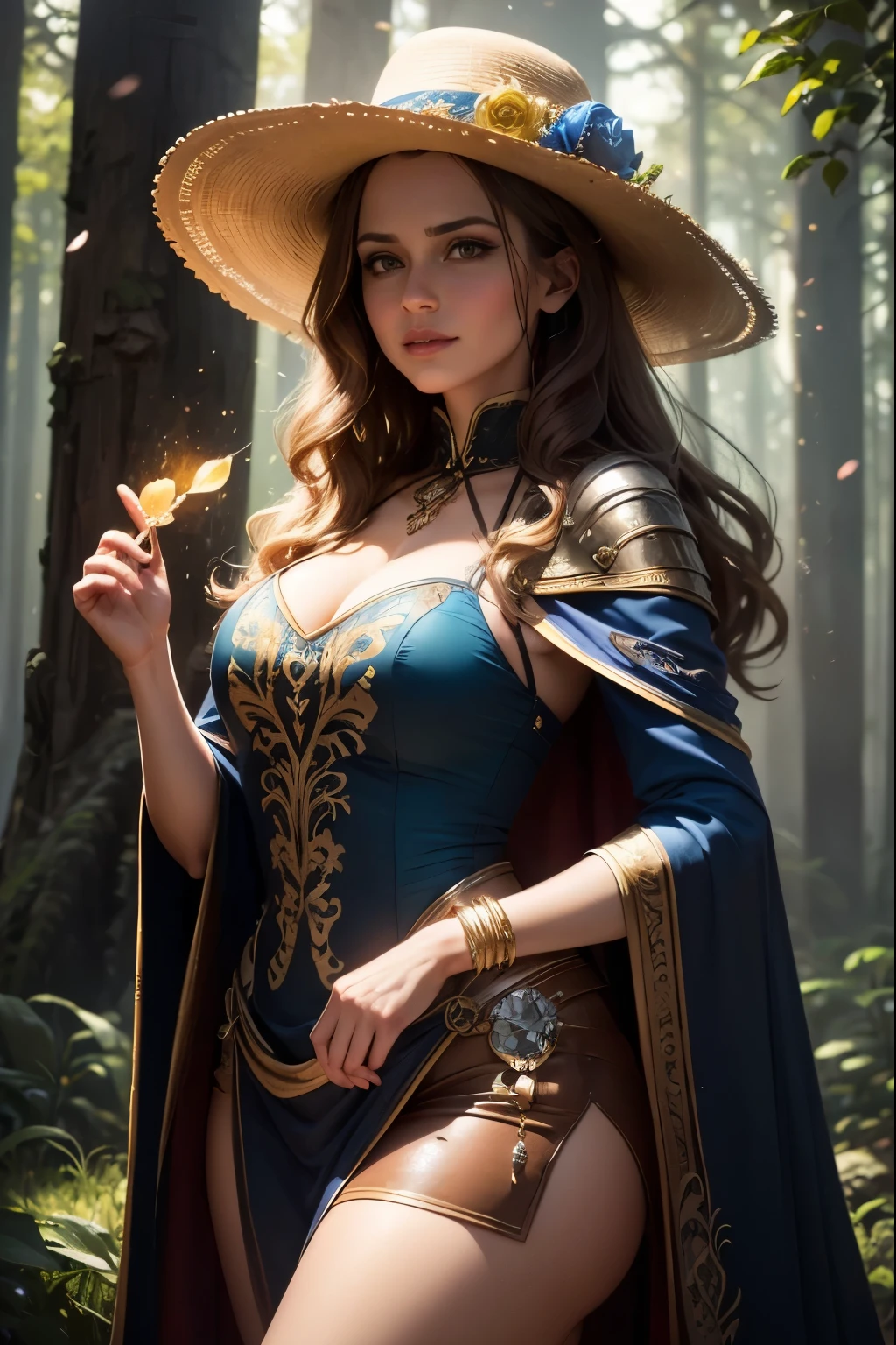 Like an amazing movie poster, a fantasy-themed scene featuring a female character dressed in a blue, ornate outfit with gold accents. She is wearing a wide-brimmed hat adorned with flowers and a cloak that has intricate patterns. Her attire includes white boots with floral designs. She is performing a rainbow enormous magic spell in a forest. The spell emits a radiant glow. Gorgeous intricate details of the spell. With chiseled features rendered in IMAX-quality detail. Masterpiece. The soft, diffused lighting enhances the pastel tones of the surroundings, imbuing the scene with a whimsical aura. The background, rendered in ultra-high resolution, boasts intricate textures and realistic details,Ultra-Details Realism.,victorian,Ice crystal texture, Enormous Magic Spell.,Mysthic,Quantum Art Style,artint