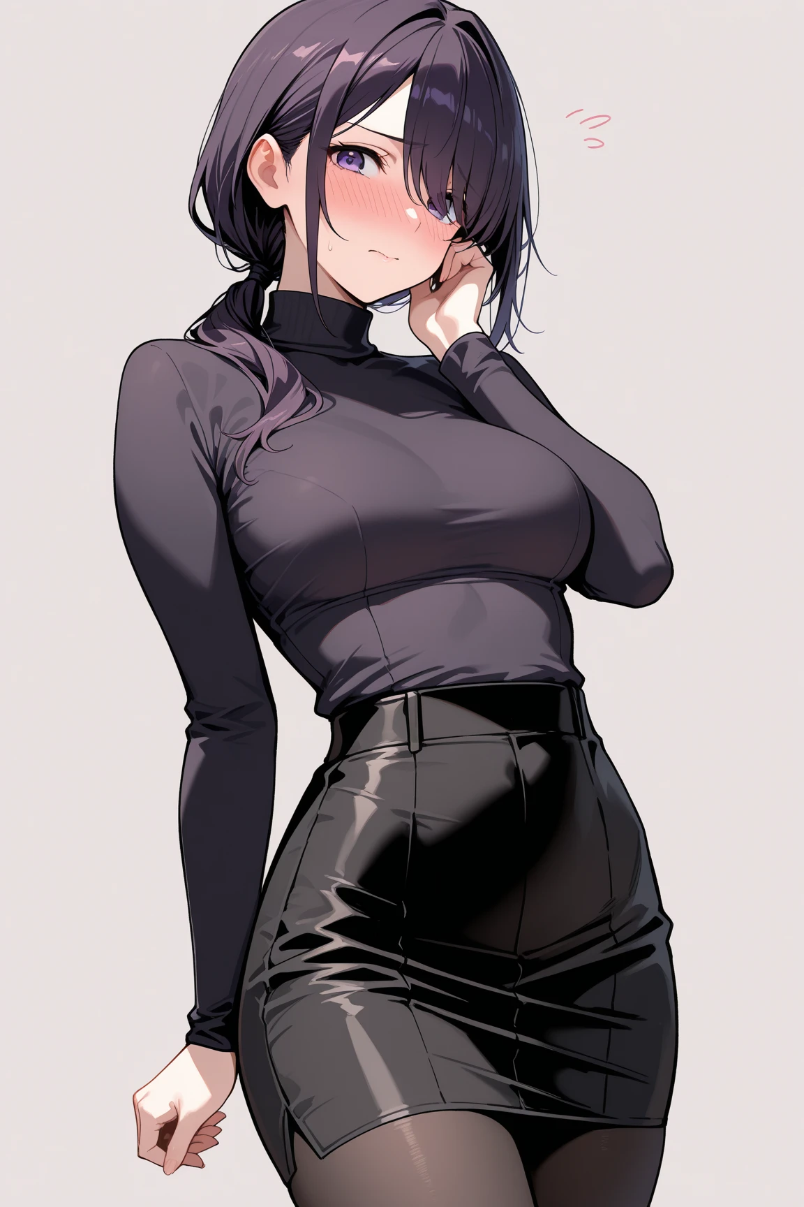 Best Quality, masutepiece, high resolution, (extremely fine and beautiful:1.1), (perfect details:1.1), (finely detailed eyes and detailed face:1.3), 1girl, (black hair:1.5, white hair), AkaneS, hex maniac, dark brown eyes, ((short hair, large breasts, tented shirt, shirt tucked in, t-shirt, impossible clothes, loose, jacket, denim skirt:1.5)), smile, (cowboy shot)