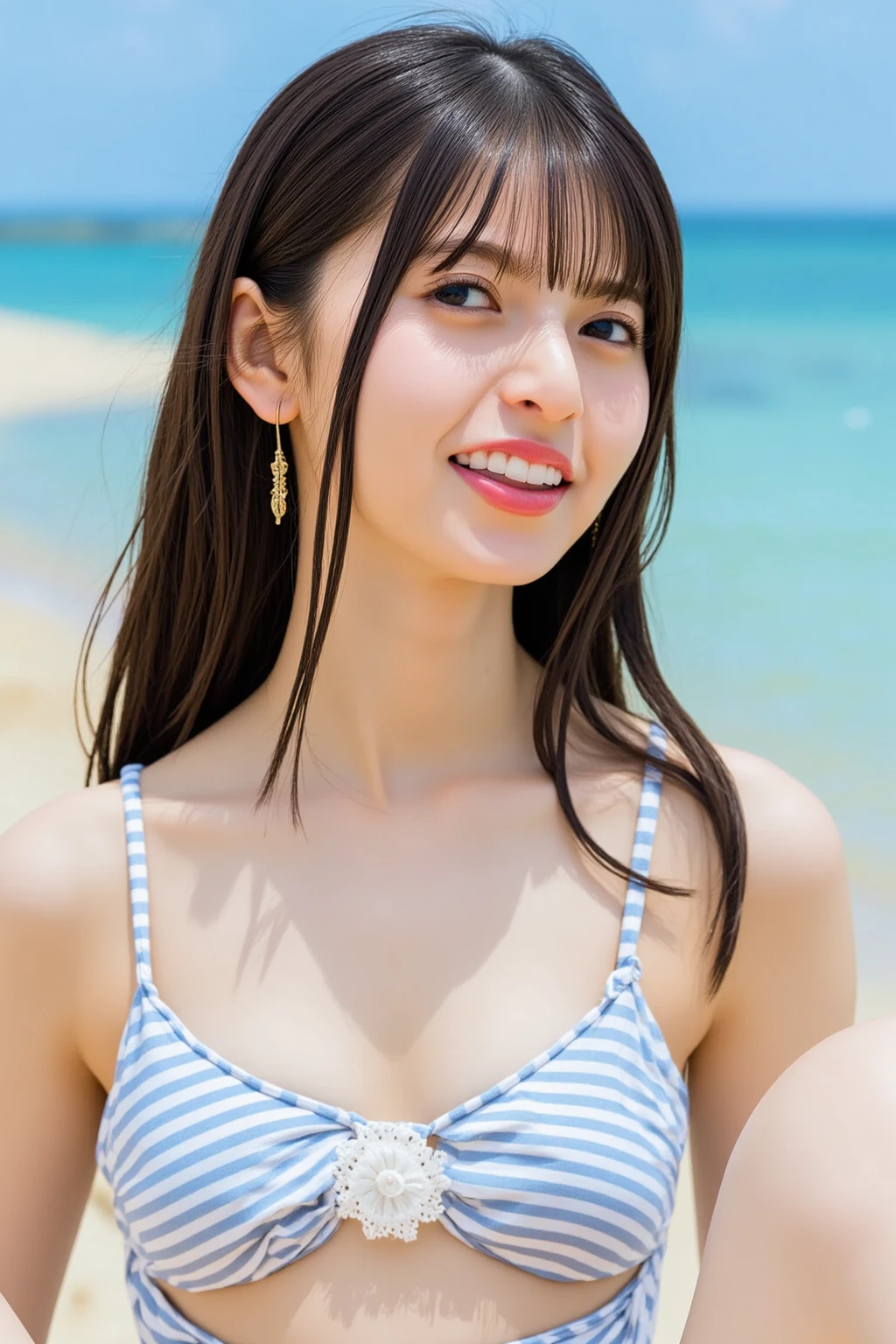 Young and beautiful Japan woman,, Light shiny brown messy medium length hair, Wearing a white micro bikini, Perfect dynamic composition, Beautiful Eyes, Thin Hair, Detailed and realistic skin texture, Gentle expression, smile, Model body type、whole body、Facing forward