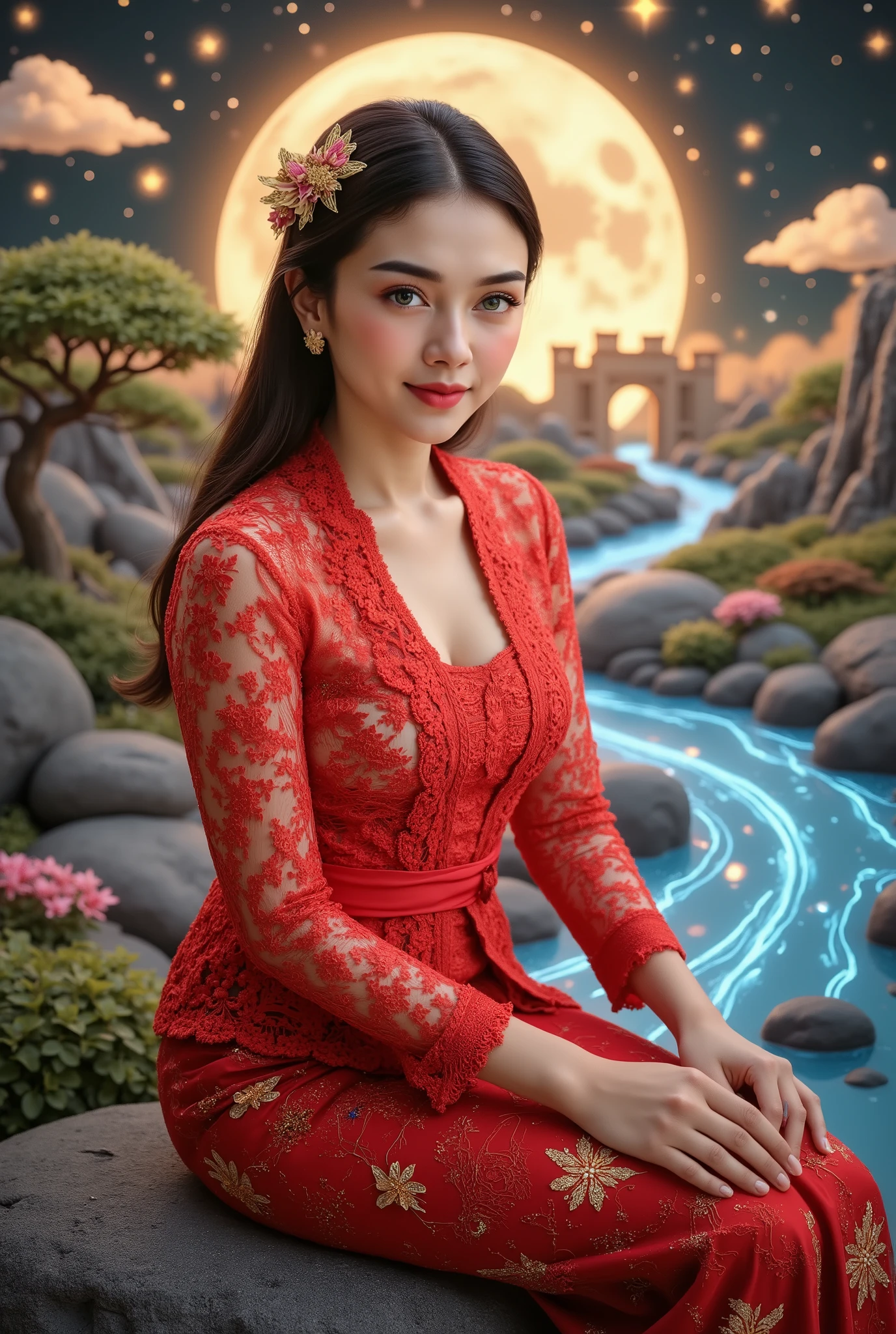 wearing red kebaya, (RAW photo, best quality), (realistic, photo-realistic:1.4), masterpiece, an extremely delicate and beautiful, extremely detailed, 2k wallpaper, Amazing, finely detail, extremely detailed CG unity 8k wallpaper, ultra-detailed, high resolution, soft light, beautiful detailed girl, extremely detailed eyes and face, beautiful detailed nose, beautiful detailed eyes, cinematic lighting, dramatic lighting, sitting on a rock beside which there are -river-luminescene moon and castle of light, smiling, multi quiling paper Art backdrop of moon - castle - cloud - bonsai tree - River - sky - neon butterfly, the background is a geometric Neon art streetwall mural containing round-triangle-square shapes and other geometric lines and Silver-Gold frame. multi brush layering backdrop, 35mm lens, 64k ultra detailed image, perfect anatomy, soft light, smiling, 1girl