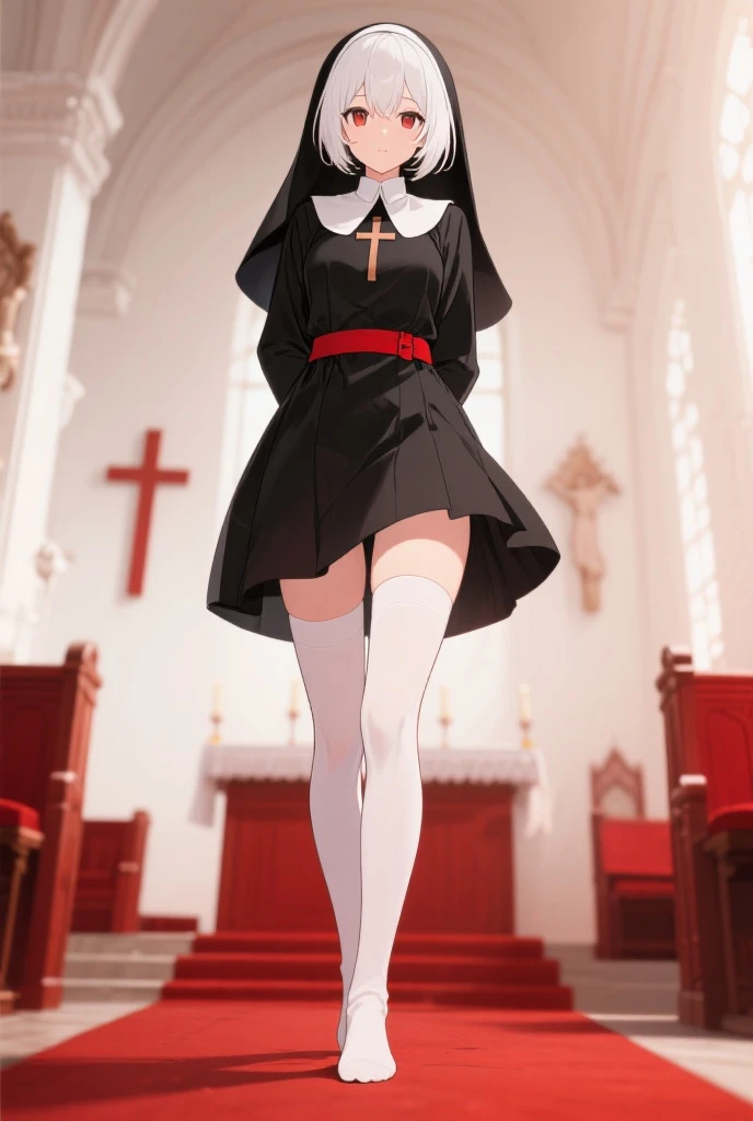 A masterpiece, full body, a beautiful girl,long loose black hair, blue-eyed, with black glasses, of a beautiful smile, dressed as a nun, On his neck he wears a necklace with a cross,with long stockings from the thigh, with black high heels,the background in the churches with mirrors