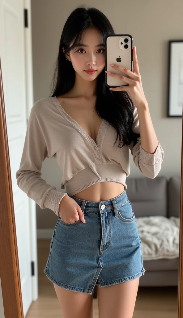 Wavy Hair、lipstick、Long eyelashes、Perfect Makeup、Big breasts、(Perfect Hair:1.2), masterpiece, best quality, photo, japanese 20 years old high school girl, micro mini pleated skirt, shirt unbuttoned and open, nipples visible, not wearing bra, not wearing panties, lying on bed, viewer can see female genitalia and nipples, front, provocative smile on viewer's face, Full body figure, baby face, Bold Pose,