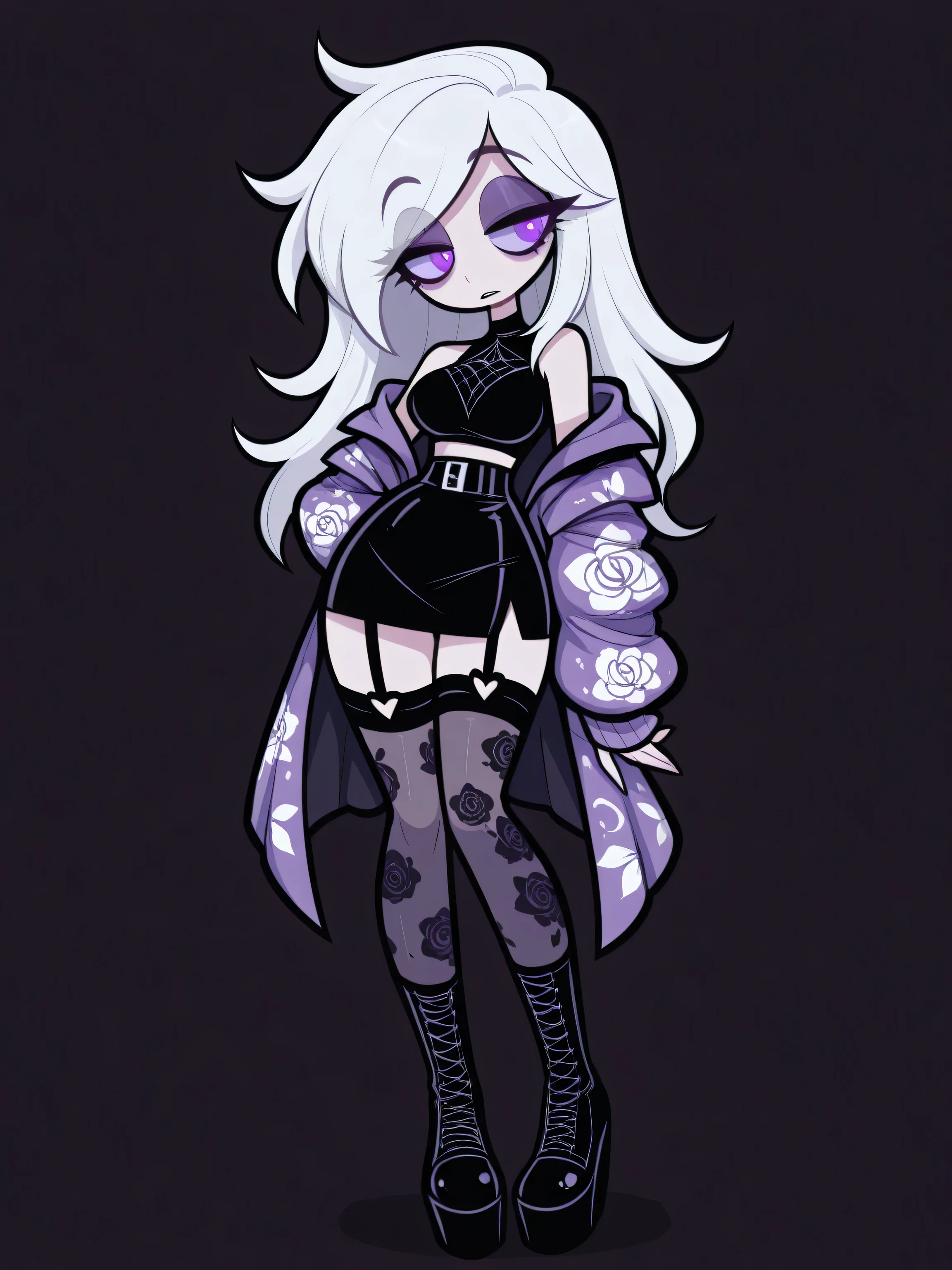 Woman, adult, cartoony style, pale skin, purple eyes, medium breasts, medium thighs, long pale white hair. She wears a fashionable, edgy outfit featuring a cropped black top with a diamond-shaped cutout, a short black skirt, thigh-high stockings with garters, and oversized light-colored coat adorned with intricate black dragon and floral patterns. Her footwear consists of chunky black platform boots. best quality, amazing quality, highres, absurdres, score_9, score_8_up, score_7_up,source_anime,BREAK,masterpiece