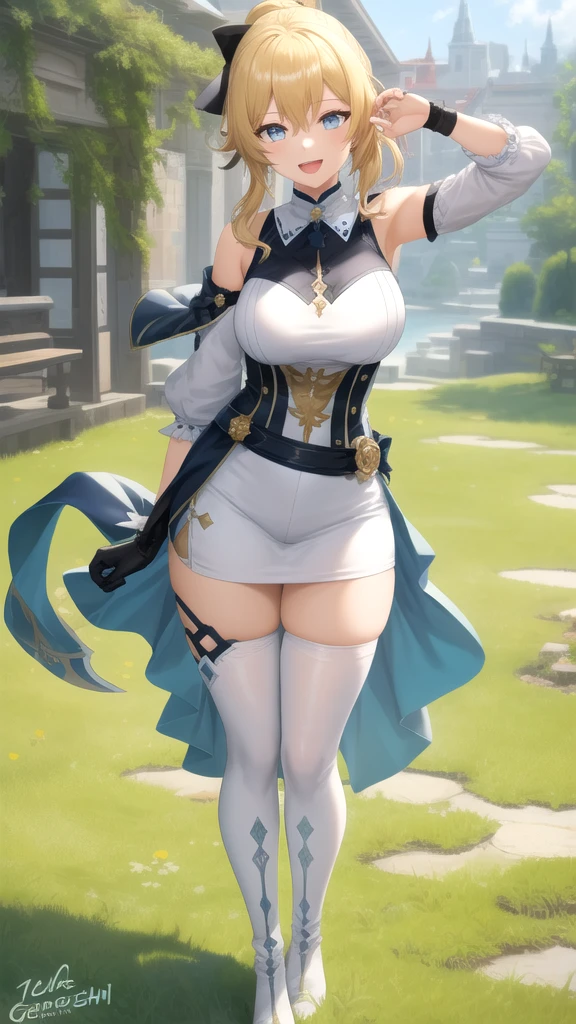 ((masterpiece, best quality, photorealistic, cinematic), perfect anatomy, expressive eyes, perfect face, perfect hands, ((large cleavage)), long round legs, round ass, (((anime girl in white Bergschneider Medieval Viking Sleeveless Wool Surcot Ivrea))), ((blonde-hair, Messy Bun with Braids hairstyle)), seductive anime girl, Ayaka Genshin Impact, extremely detailed artgerm, from girls frontline, range murata and artgerm, xianxia, style artgerm, beautiful alluring anime woman, thicc, guweiz on artstation pixiv, ((wide shot, full body view)), (background: grassland, cabin, mountains, blue sky, clouds))