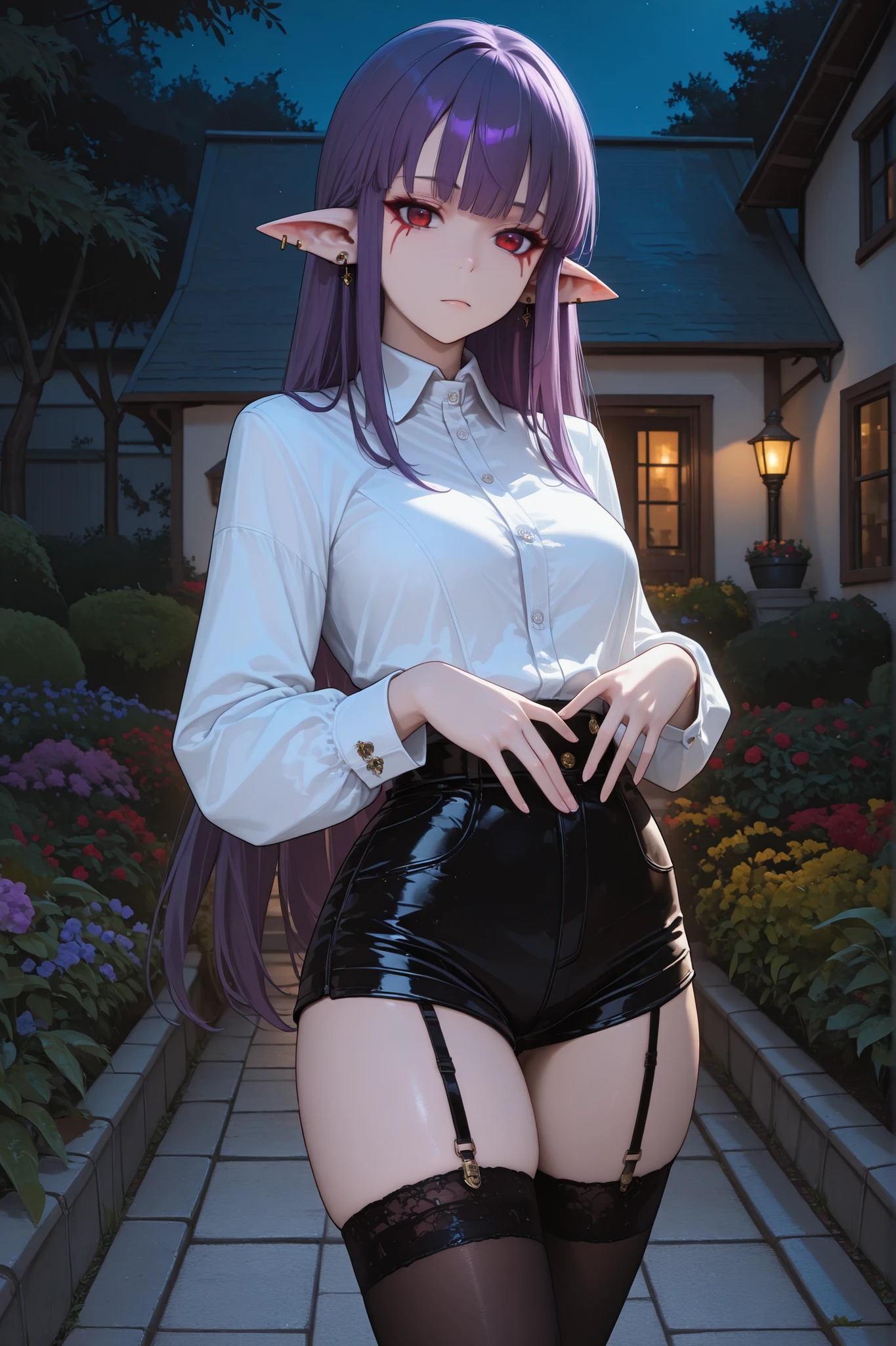 1girl, Esil Radiru, pointy ears, purple hair, long hair, red eyes, facial mark, bangs, earrings, white collared shirt, black short shorts, thigh high stockings, garters, standing, sexy pose, attractive, outdoors, front of house, night, garden, best quality, masterpiece, ultra detailed, very aesthetic