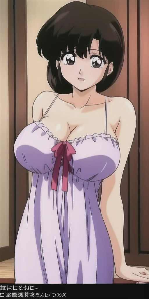 looking at the camera、When I Look at You、lookatviewer、Anime Style、Eroge、1 Girl,  (Large Breasts), (Tight white camisole dress)、Low Angle、Brown haired, hair band、Bob Hair、The forehead is visible、blush,The whole body is visible:1.5、Dolphin Shorts、Cleavage、O-neck、Pregnant belly