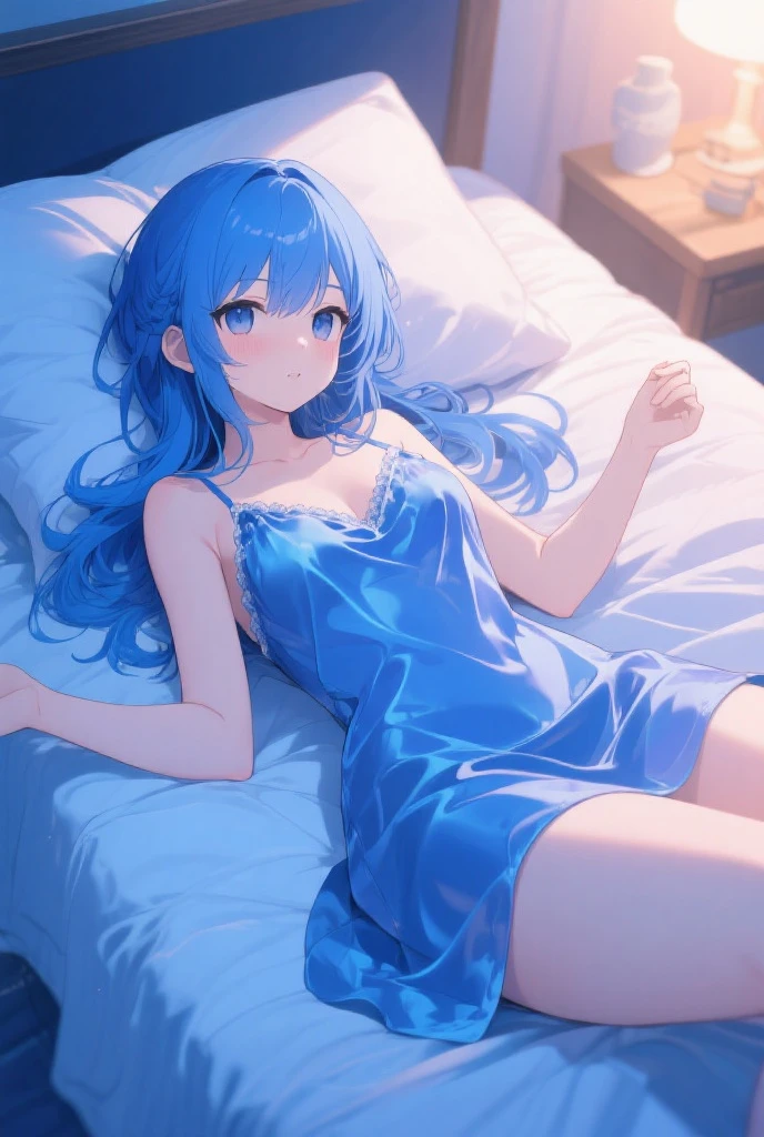 A cute girl, skinny, smile, crop top dress, light blue dress, light blue hair, short skirt, lying in bed, legs spread, beautiful face, long hair