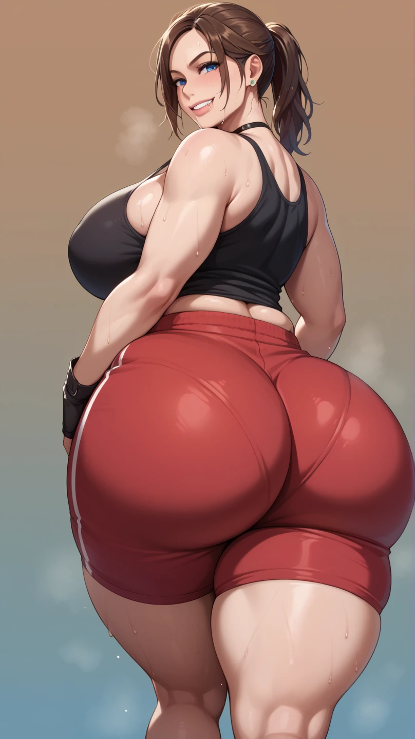 1 beautiful 20 years old woman, white smooth skin colour, long purple hair, pink diamond eyes, large breasts, huge juicy shiny oily chubby ass cheeks, hourglass body figure, wearing a very tight underwear, pink tight bra, twerking while jiggling her huge , giant hyper ass