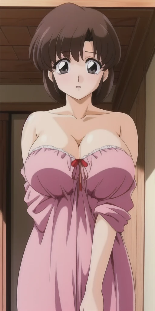 masterpiece, Highest quality, Very detailed , MyjmSkr-KJ, Highest quality, High resolution, One Girl、ponytail、Brown Hair、healthy、Brown eyes,Normal chest(B Cup)、Cute face、Cute anime illustration open door, Large Breasts, One girl, Nightgown, Ahegao, From above, Sweat,