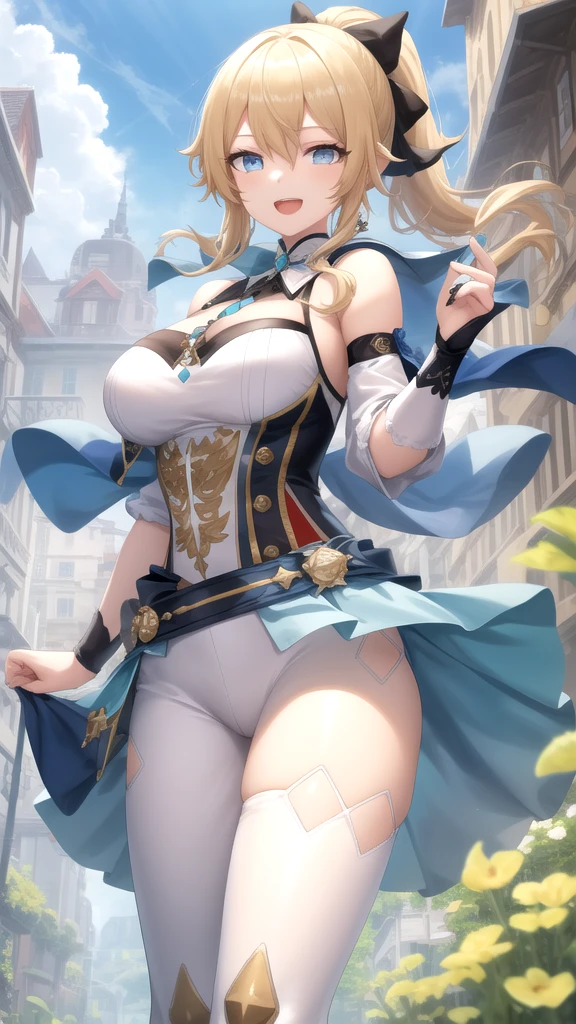 masterpiece, high resolution, best quality, beautiful art, rendered art, well formed hands, body and fingers, 1 woman, solo, Jean Gunnhildr,big breasted, cleavage, wearing a Tyris Flare outfit, sexy and skimpy bikini, alluring body, full body, sexy legs, hips and thighs, she is fighting in a combat match, she makes her guard position, getting ready to fight, about to hit and kick the viewer, fighting and action scene, smiling joyfully, being confident and proud, sweating, charming her opponent with her beauty,  bouncing breasts, beach background 