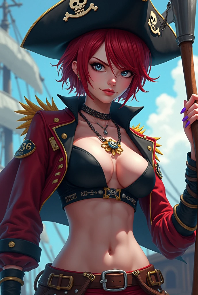 best quality,4k,8k, highres, masterpiece:1.2), ultra-detailed, extremely detailed eyes, extremely detailed body, (large masterpiece digital art), (detailed manga illustration), (detailed line art), ((perfect anatomy)), (intricate details:1.3), (ultra-detailed:1.3), (illustration:1.3), (sharp focus:1.3), (natural lighting:1.05), (vivid colors:1.3), (masterpiece), (best quality:1.4), (perfect anatomy:1.4), high quality, expressive eyes, full body, detailed face, beautiful face, perfect face, 1 girl, tall girl, breast, large breast, cleavage, detailed hair, medium hair, orange hair, hair over one eye, purple eyes, goggles around neck, (whale girl), fins, pointy ears, pirate, pirate hat, tricorne, earrings, ((yellow shirt)), crop top, cross-laced clothes, belt, wide smile, (sharp teeth), ((cropped jacket)), martial artist stance, (midriff), asymmetrical clothes, (asymmetrical pants), gloves, curvy, two-tone skin, black skin, jewelry, Intricate, High Detail, Sharp focus, design sheet, consistent character, turnaround, concept,