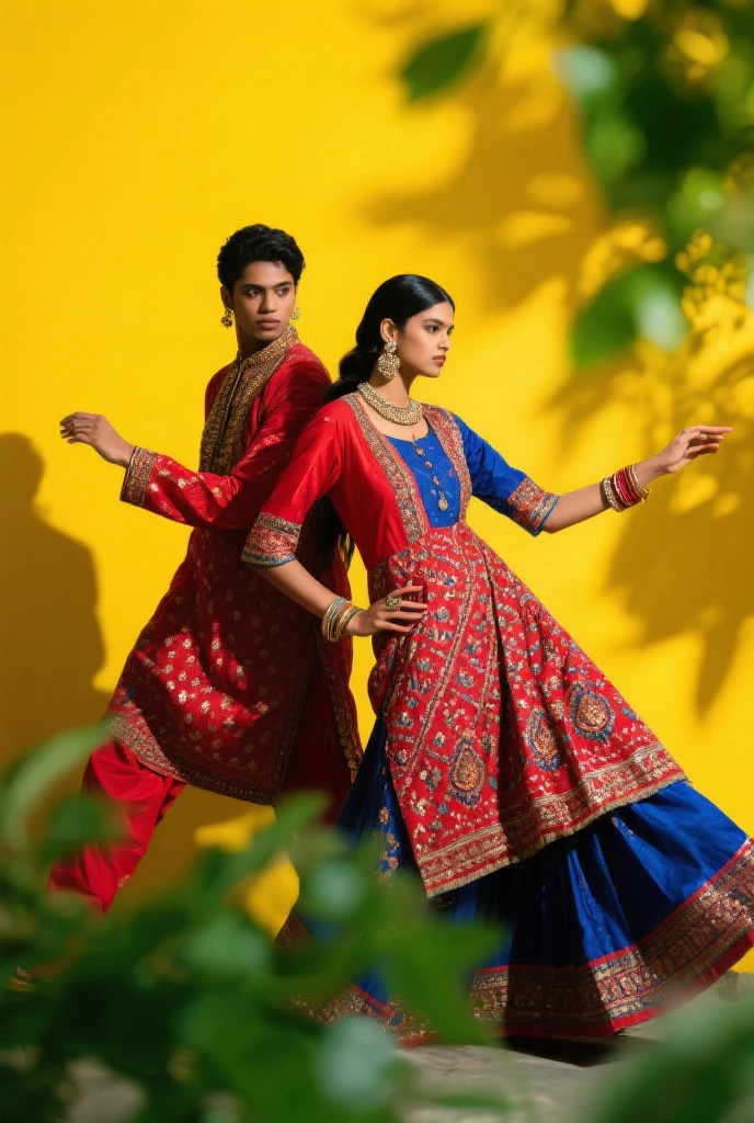 a man and woman standing on a street in front of a building, a portrait by Julia Pishtar, pexels, hurufiyya, lovely couple, draped in silky purple and gold, dressed in a jodhpuri suit, purple and gold color scheme, wearing a silk kurta, purple leather garments, wearing bihu dress mekhela sador