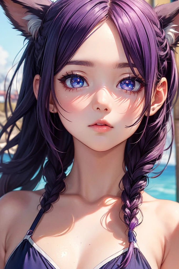 a beautiful detailed woman with long purple hair,extremely detailed face and eyes,extremely detailed skin texture,dramatic lighting,dramatic colors,photorealistic,high quality,professional,cinematic,glowing skin,ocean waves,sandy beach,tropical plants,detailed bikini,big breasts,radiant bikinis,Thin white shirt