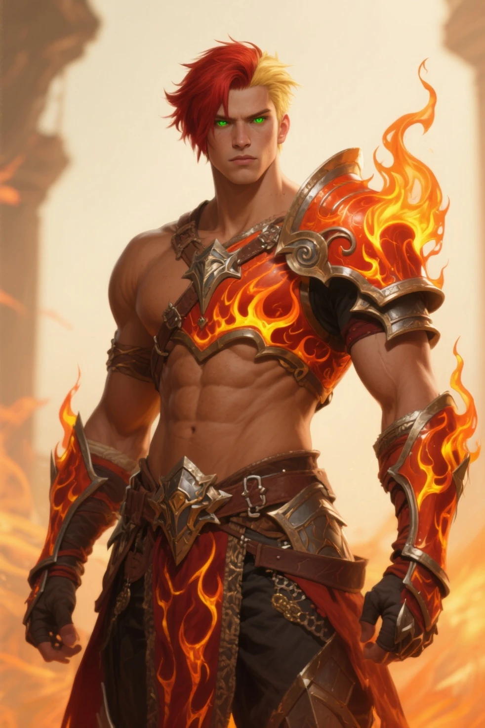 8k、alone、smileの16歳の炎神の女神,Super beautiful(like the real thing),red eyes,Super beautiful,beautiful red mohawk hair,Flashy flame god makeup,sexyな赤い炎の胸鎧,sexy,Remains,amazing work of art、wind effect:1.9、cloud effect:1.2,full rendering、unreal engine,ultra high resolution,super realistic skin,Super precise hand details,fantasy art,Photorealistic RAW photos of the highest quality。Backlight, cinematic lighting, film grain, to be born, 50mm lens, Nikon D850,realistic skin,fantasy art,character art,ultra high resolution,Macho with a muscular slender body,Precise facial details,smile,Improve the quality of facial expressions,accurate human body structure,perfect hands,Flame Hair Ornament,red flame shoulder armor,red flame gauntlet,red flame leg armor,Violent and strongly cracked abdominal muscles,